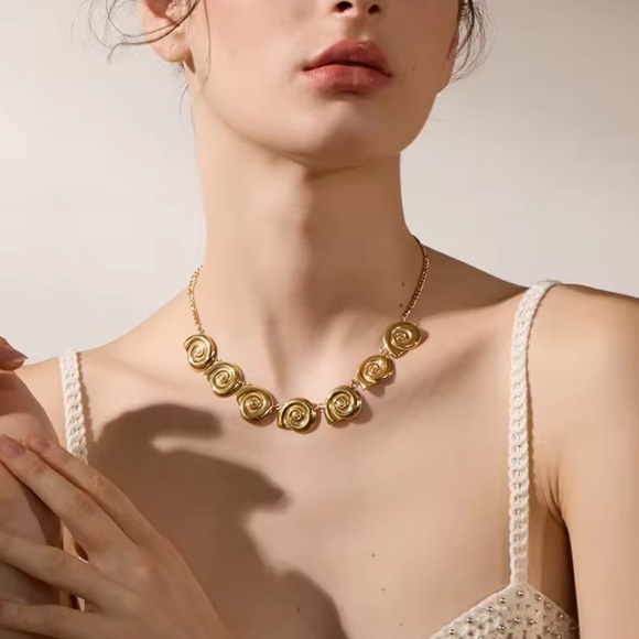 Gold Swirl Statement Necklace – Stainless Steel, Real Gold Plated - Picture 1 of 17